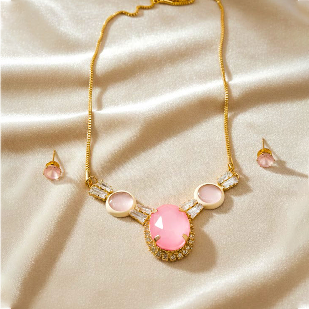 Oval Statement Nacklace Set $_0067 (Golden-Pink)