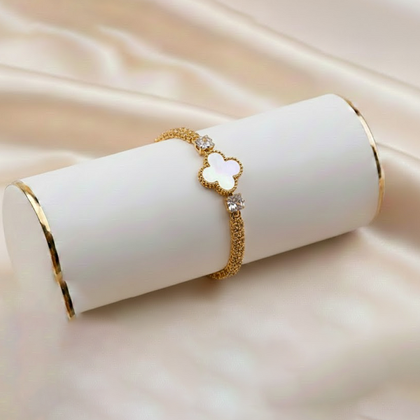 Shiny zircon lucky clover stacked bracelet $_0061 (Golden-White)