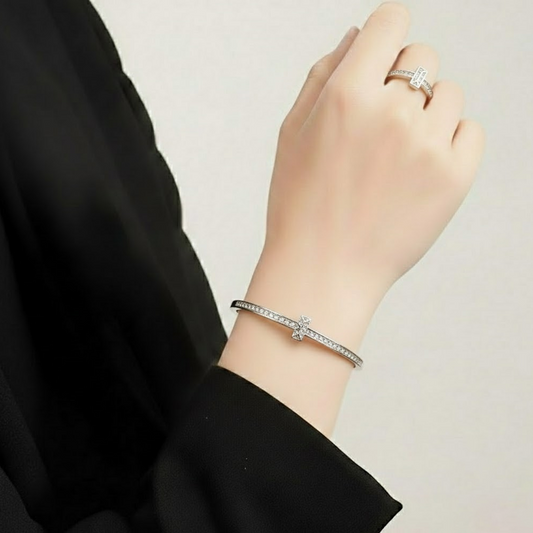 Tiffany Pave Narrow Pave Diamond Bracelet with ring  TL-0086 (Silver)