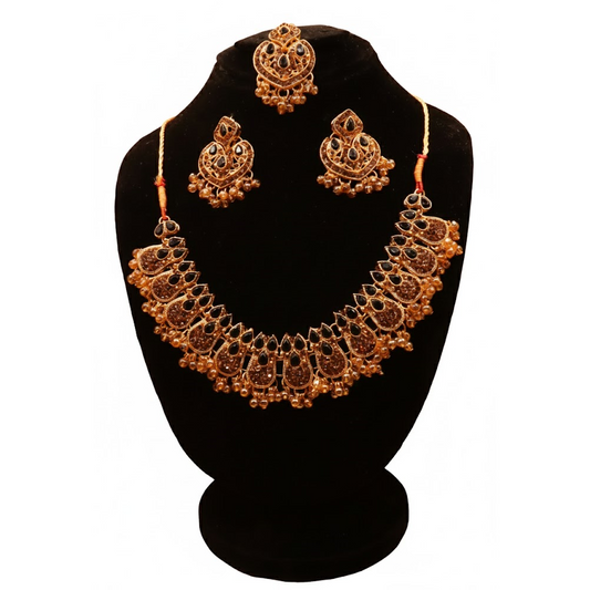 Kundan Style Set $_0072 (Golden-Black)