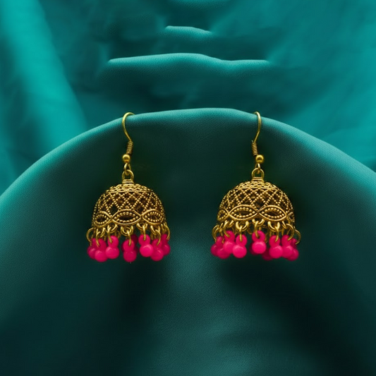 Traditional Jhumka $_0060 (Golden-Shocking Pink)