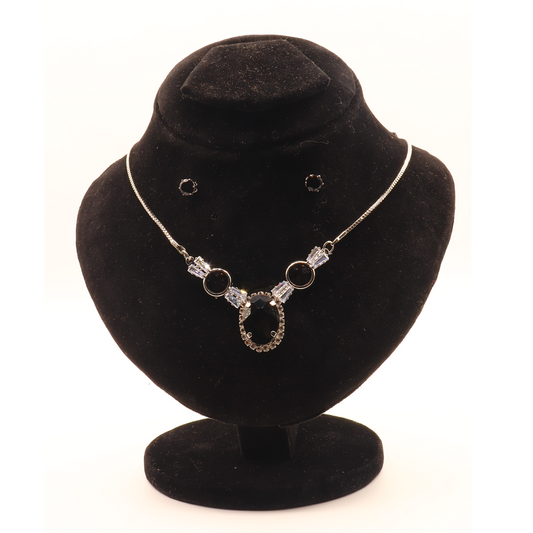 Oval Statement Nacklace Set $_0067 (Silver-Black)