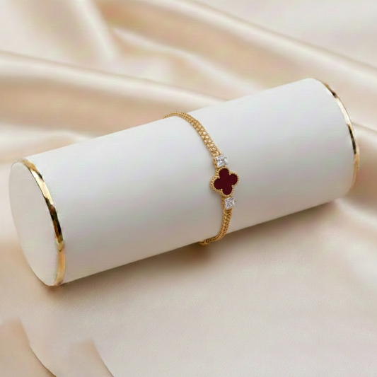 Shiny zircon lucky clover stacked bracelet $_0061 (Golden-Brown)