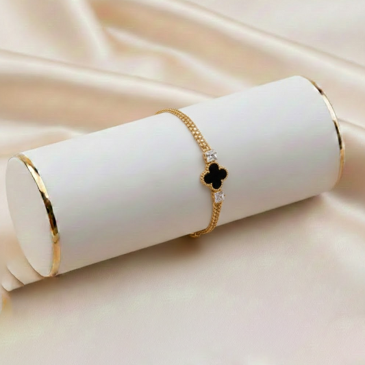 Shiny zircon lucky clover stacked bracelet $_0061 (Golden-Black)