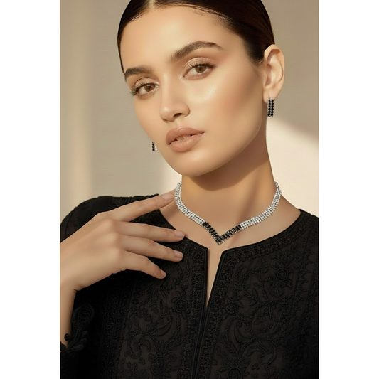 V Shape Gemstone Nacklace Set $_0047 (Golden-Black)