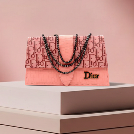Dior Inspired Pink Monogram Clutch with Croc-Textured Flap RP 0102