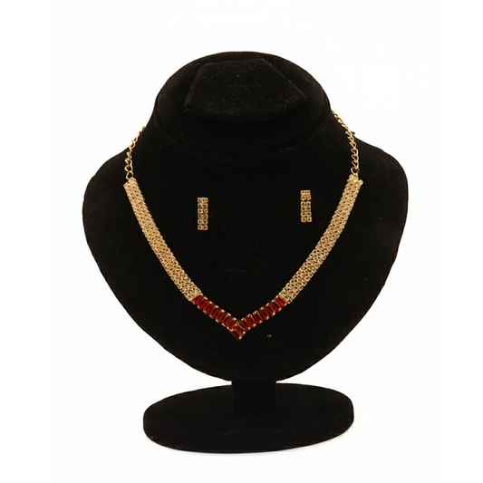 V Shape Gemstone Nacklace Set $_0047 (Golden-Red)