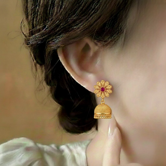 Ruby Blossom Jhumka ¥-0042 (Golden-Red)