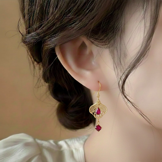 Lattice Drop Earrings ¥-0039 (Golden-Red)