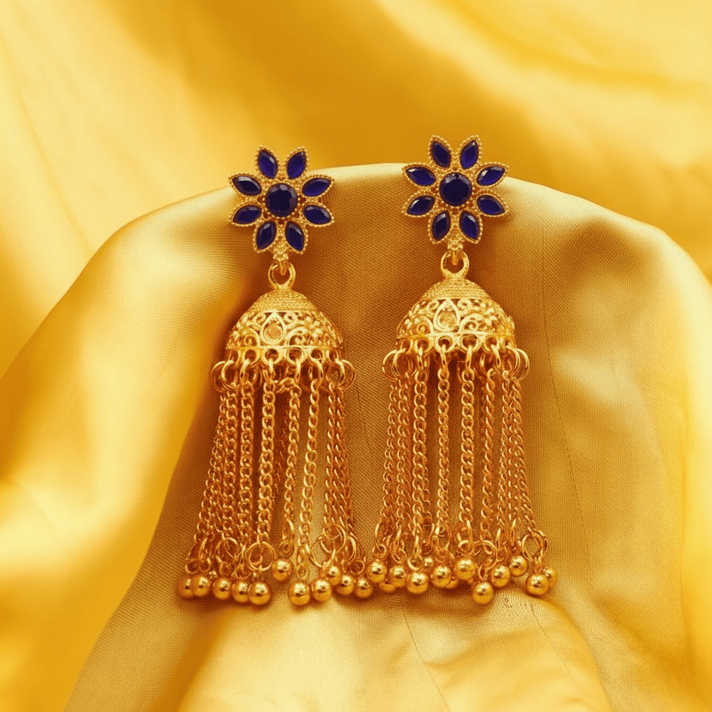 Traditional Flower Jhumka ¥-0029 (Golden-Blue) - MAWKLUXORA