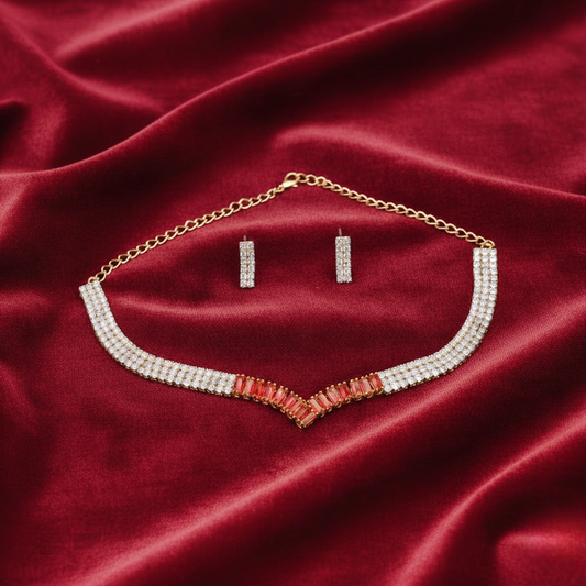 V Shape Gemstone Nacklace Set $_0047 (Golden-Red)